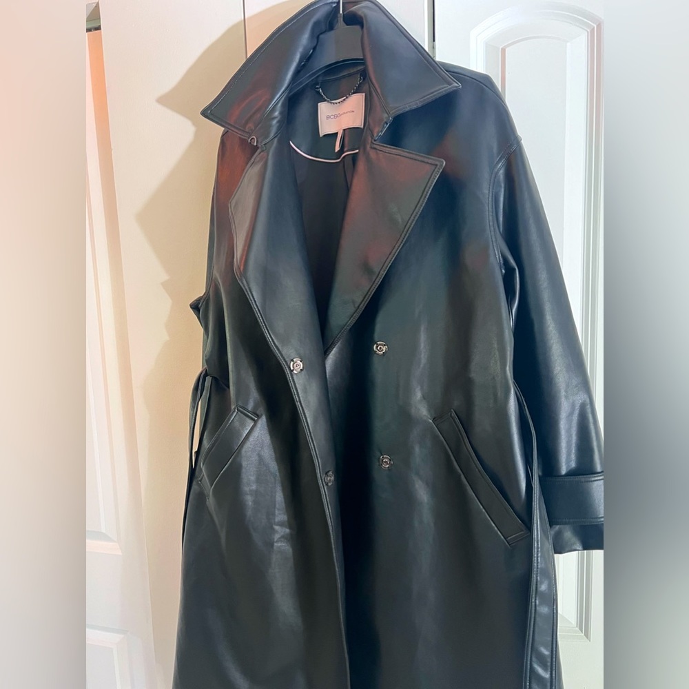 Vegan Leather Trench Coat- Black Large